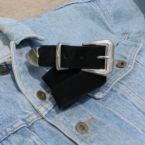 80s Vintage TABI Black Genuine Leather + Suede Silver Western Buckle Belt 32-36" - Picture 2 of 6
